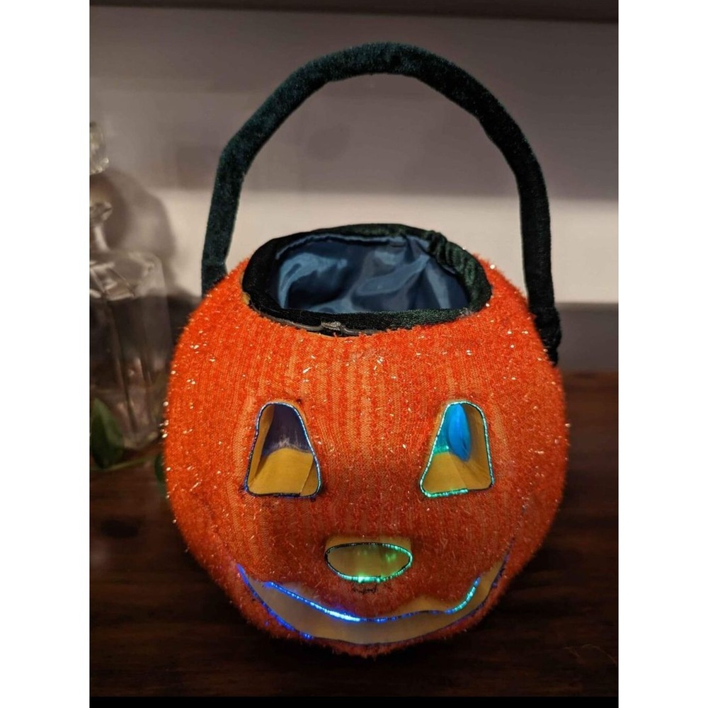 VTG FIBER OPTIC JACK-O-LANTERN Pumpkin COLOR CHANGING Halloween Candy Bag Bucket